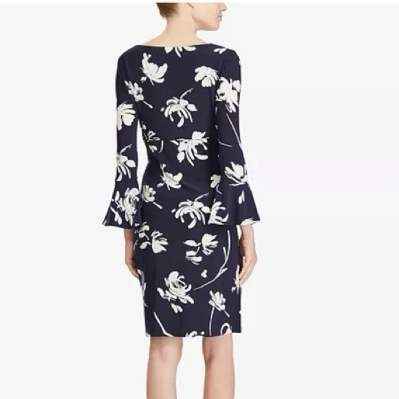Lauren Ralph Lauren Floral Navy/White Faux Wrap Bell Sleeve Dress Size 6 US - Picture 3 of 16